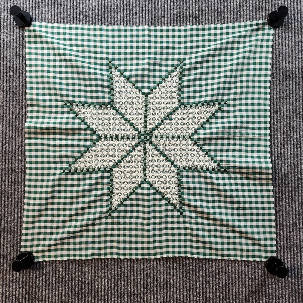 Vintage Chicken Scratch Embroidery Pillow Top Panel Green Gingham 20x20 Handmade